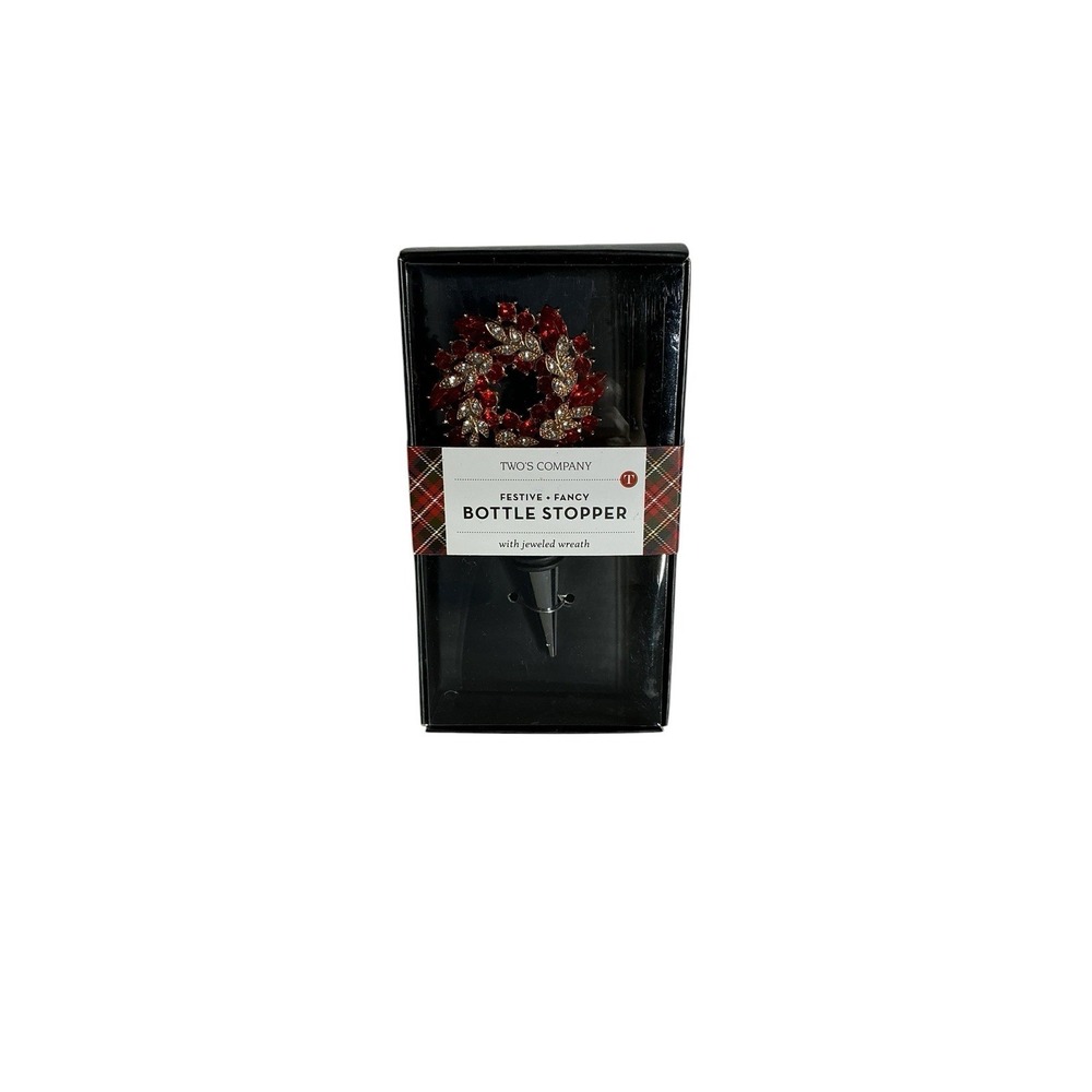 Two's Company Holiday Red Gold Wreath Jeweled Bottle Stopper